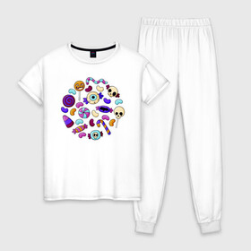 Женская пижама хлопок с принтом Конфетный набор в Санкт-Петербурге, 100% хлопок | брюки и футболка прямого кроя, без карманов, на брюках мягкая резинка на поясе и по низу штанин | иллюстрация | карамель | конфеты | леденец | ужастик