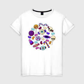 Женская футболка хлопок с принтом Конфетный набор в Санкт-Петербурге, 100% хлопок | прямой крой, круглый вырез горловины, длина до линии бедер, слегка спущенное плечо | иллюстрация | карамель | конфеты | леденец | ужастик