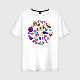 Женская футболка хлопок Oversize с принтом Конфетный набор в Санкт-Петербурге, 100% хлопок | свободный крой, круглый ворот, спущенный рукав, длина до линии бедер
 | иллюстрация | карамель | конфеты | леденец | ужастик