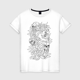 Женская футболка хлопок с принтом Tiger & Skulls tattoo в Санкт-Петербурге, 100% хлопок | прямой крой, круглый вырез горловины, длина до линии бедер, слегка спущенное плечо | graphics | hype | jungle | skull | tattoo | tiger | графика | татуировка | тигр | хайп | череп