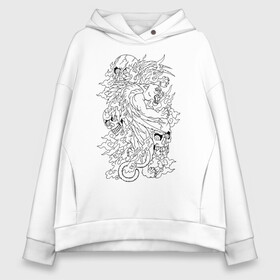 Женское худи Oversize хлопок с принтом Tiger & Skulls tattoo в Санкт-Петербурге, френч-терри — 70% хлопок, 30% полиэстер. Мягкий теплый начес внутри —100% хлопок | боковые карманы, эластичные манжеты и нижняя кромка, капюшон на магнитной кнопке | graphics | hype | jungle | skull | tattoo | tiger | графика | татуировка | тигр | хайп | череп