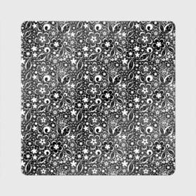 Магнит виниловый Квадрат с принтом Кружевной черно белый узор в Санкт-Петербурге, полимерный материал с магнитным слоем | размер 9*9 см, закругленные углы | ажурный | ажурный узор | бумажные цветы | детский | женский | завитушки | кружевной узор | цветочное кружево | цветы