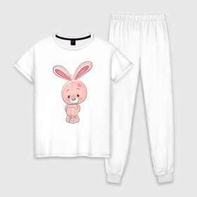 Женская пижама хлопок с принтом розовый зайка в Санкт-Петербурге, 100% хлопок | брюки и футболка прямого кроя, без карманов, на брюках мягкая резинка на поясе и по низу штанин | заяц | кролик | лапы | мягкий | персонаж | розовый | уши | хвост