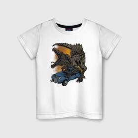 Детская футболка хлопок с принтом Спинозавр в Санкт-Петербурге, 100% хлопок | круглый вырез горловины, полуприлегающий силуэт, длина до линии бедер | авто | динозавр | иллюстрация | машина | спинозавр