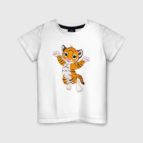 Детская футболка хлопок с принтом Милый тигренок в Санкт-Петербурге, 100% хлопок | круглый вырез горловины, полуприлегающий силуэт, длина до линии бедер | 2022 | animal | cat | lion | tiger | год тигра | животные | зверь | зубы | кот | кошка | лев | охотник | полосатый | природа | тигр | тигренок | тигрица | хищник