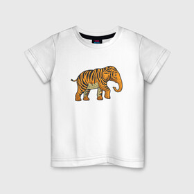 Детская футболка хлопок с принтом Тигровый слон в Санкт-Петербурге, 100% хлопок | круглый вырез горловины, полуприлегающий силуэт, длина до линии бедер | 2022 | animal | cat | elephant | lion | tiger | африка | год тигра | животные | зверь | зубы | кот | кошка | лев | охотник | полосатый | природа | слон | слоненок | тигр | тигренок | тигрица | хищник