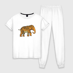 Женская пижама хлопок с принтом Тигровый слон в Санкт-Петербурге, 100% хлопок | брюки и футболка прямого кроя, без карманов, на брюках мягкая резинка на поясе и по низу штанин | 2022 | animal | cat | elephant | lion | tiger | африка | год тигра | животные | зверь | зубы | кот | кошка | лев | охотник | полосатый | природа | слон | слоненок | тигр | тигренок | тигрица | хищник