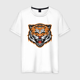 Мужская футболка хлопок с принтом Грозный тигр в Санкт-Петербурге, 100% хлопок | прямой крой, круглый вырез горловины, длина до линии бедер, слегка спущенное плечо. | 2022 | animal | cat | lion | tiger | год тигра | животные | зверь | зубы | кот | кошка | лев | охотник | полосатый | природа | тигр | тигренок | тигрица | хищник