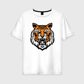 Женская футболка хлопок Oversize с принтом Голова тигра в Санкт-Петербурге, 100% хлопок | свободный крой, круглый ворот, спущенный рукав, длина до линии бедер
 | 2022 | animal | cat | lion | tiger | год тигра | животные | зверь | зубы | кот | кошка | лев | охотник | полосатый | природа | тигр | тигренок | тигрица | хищник