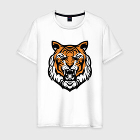 Мужская футболка хлопок с принтом Голова тигра в Санкт-Петербурге, 100% хлопок | прямой крой, круглый вырез горловины, длина до линии бедер, слегка спущенное плечо. | 2022 | animal | cat | lion | tiger | год тигра | животные | зверь | зубы | кот | кошка | лев | охотник | полосатый | природа | тигр | тигренок | тигрица | хищник