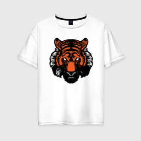 Женская футболка хлопок Oversize с принтом Bad Tiger в Санкт-Петербурге, 100% хлопок | свободный крой, круглый ворот, спущенный рукав, длина до линии бедер
 | Тематика изображения на принте: 2022 | animal | cat | lion | tiger | год тигра | животные | зверь | зубы | кот | кошка | лев | охотник | полосатый | природа | тигр | тигренок | тигрица | хищник