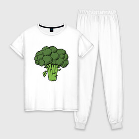 Женская пижама хлопок с принтом Брокколи в Санкт-Петербурге, 100% хлопок | брюки и футболка прямого кроя, без карманов, на брюках мягкая резинка на поясе и по низу штанин | Тематика изображения на принте: брокколи | еда | зож | капуста | овощ | растения