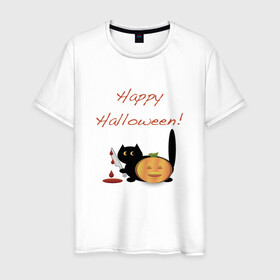 Мужская футболка хлопок с принтом Happy Halloween! в Санкт-Петербурге, 100% хлопок | прямой крой, круглый вырез горловины, длина до линии бедер, слегка спущенное плечо. | halloween | hallowin | hellowin | котик | страшилка | тыква | хэллоувин