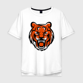 Мужская футболка хлопок Oversize с принтом Злобный тигр в Санкт-Петербурге, 100% хлопок | свободный крой, круглый ворот, “спинка” длиннее передней части | 2022 | animal | cat | lion | tiger | год тигра | животные | зверь | зубы | кот | кошка | лев | охотник | полосатый | природа | тигр | тигренок | тигрица | хищник