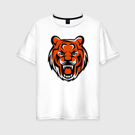 Женская футболка хлопок Oversize с принтом Злобный тигр в Санкт-Петербурге, 100% хлопок | свободный крой, круглый ворот, спущенный рукав, длина до линии бедер
 | 2022 | animal | cat | lion | tiger | год тигра | животные | зверь | зубы | кот | кошка | лев | охотник | полосатый | природа | тигр | тигренок | тигрица | хищник