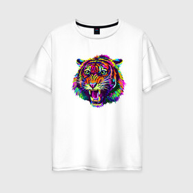 Женская футболка хлопок Oversize с принтом Color Tiger в Санкт-Петербурге, 100% хлопок | свободный крой, круглый ворот, спущенный рукав, длина до линии бедер
 | 2022 | animal | cat | lion | tiger | год тигра | животные | зверь | зубы | кот | кошка | лев | охотник | полосатый | природа | тигр | тигренок | тигрица | хищник