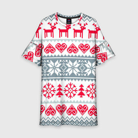 Детское платье 3D с принтом Вязаный рисунок в Санкт-Петербурге, 100% полиэстер | прямой силуэт, чуть расширенный к низу. Круглая горловина, на рукавах — воланы | арт | вязаный рисунок | вязь | любовь | новый год | ночь | олени | олень | рисунок | рождество | сердечки | сердечко | сердце | снег | снеговик | снеговики | снежинка | снежинки