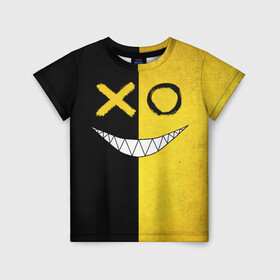 Детская футболка 3D с принтом Yellow and black smile в Санкт-Петербурге, 100% гипоаллергенный полиэфир | прямой крой, круглый вырез горловины, длина до линии бедер, чуть спущенное плечо, ткань немного тянется | emoji | smile | глаза крестики | злой смайл | злой смайлик | зубы | контраст | крестики | подарок | пятна | смайл | смайлик | улыбка | эмоджи | эмоция