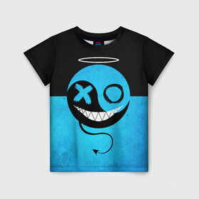 Детская футболка 3D с принтом Smail Blue в Санкт-Петербурге, 100% гипоаллергенный полиэфир | прямой крой, круглый вырез горловины, длина до линии бедер, чуть спущенное плечо, ткань немного тянется | Тематика изображения на принте: emoji | smile | глаза крестики | злой смайл | злой смайлик | зубы | контраст | крестики | подарок | пятна | смайл | смайлик | улыбка | эмоджи | эмоция