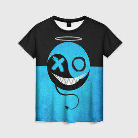 Женская футболка 3D с принтом Smail Blue в Санкт-Петербурге, 100% полиэфир ( синтетическое хлопкоподобное полотно) | прямой крой, круглый вырез горловины, длина до линии бедер | emoji | smile | глаза крестики | злой смайл | злой смайлик | зубы | контраст | крестики | подарок | пятна | смайл | смайлик | улыбка | эмоджи | эмоция