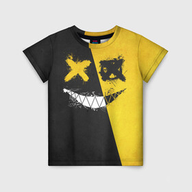 Детская футболка 3D с принтом Yellow and Black Emoji в Санкт-Петербурге, 100% гипоаллергенный полиэфир | прямой крой, круглый вырез горловины, длина до линии бедер, чуть спущенное плечо, ткань немного тянется | emoji | smile | глаза крестики | злой смайл | злой смайлик | зубы | контраст | крестики | подарок | пятна | смайл | смайлик | улыбка | эмоджи | эмоция