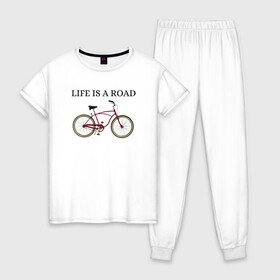 Женская пижама хлопок с принтом Велосипед в Санкт-Петербурге, 100% хлопок | брюки и футболка прямого кроя, без карманов, на брюках мягкая резинка на поясе и по низу штанин | bike | life | road | велосипед | дорога | жизнь