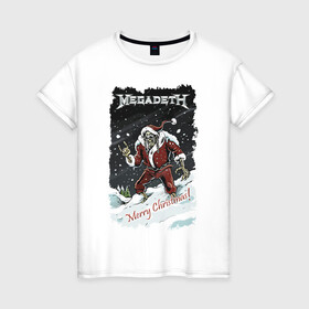 Женская футболка хлопок с принтом Merry Christmas, Megadeth в Санкт-Петербурге, 100% хлопок | прямой крой, круглый вырез горловины, длина до линии бедер, слегка спущенное плечо | gesture | heavy metal | holiday | megadeth | merry christmas | new year | skeleton | skull | sky | snow | жест | новый год | праздник | рождество | рок | скелет | череп