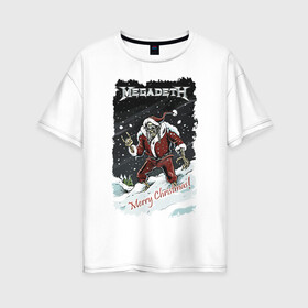 Женская футболка хлопок Oversize с принтом Merry Christmas, Megadeth в Санкт-Петербурге, 100% хлопок | свободный крой, круглый ворот, спущенный рукав, длина до линии бедер
 | gesture | heavy metal | holiday | megadeth | merry christmas | new year | skeleton | skull | sky | snow | жест | новый год | праздник | рождество | рок | скелет | череп