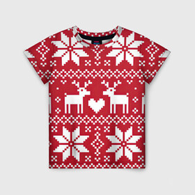 Детская футболка 3D с принтом Рождественские олени в Санкт-Петербурге, 100% гипоаллергенный полиэфир | прямой крой, круглый вырез горловины, длина до линии бедер, чуть спущенное плечо, ткань немного тянется | арт | большие цветы | большой цветок | вязаный рисунок | вязь | новый год | олени | олень | рисунок | рождество | сердечко | сердце | снег | снежинка | снежинки | цветок | цветы
