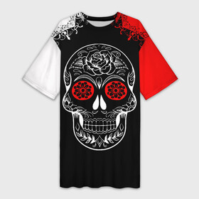 Платье-футболка 3D с принтом Red White Skull  Череп в Санкт-Петербурге,  |  | black | cool | halloween | new | patterns | popular | print | red and white | red eyes | rock | rose | skull | teeth | top | trend | зубы | красно белый | красные глаза | крутой | новые | популярный | принт | роза | рок | топ | тренд | узоры | хэллоуин | 