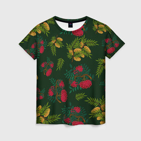 Женская футболка 3D с принтом ветки рябины и облепихи в Санкт-Петербурге, 100% полиэфир ( синтетическое хлопкоподобное полотно) | прямой крой, круглый вырез горловины, длина до линии бедер | ветки | деревья | зеленый | зима | лес | листья | новый год | облепиха | осень | праздничный | природа | рождество | рябина | темно зеленый | ягоды