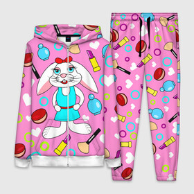 Женский костюм 3D с принтом кролик и косметика в Санкт-Петербурге,  |  | белые сердца | веселый | девочка | детский | духи | зайчик | кисть | косметика | косметичка | кролик | мультяшный | нежный | помада | пудра | разноцветный | розовый | румяна | сердечки