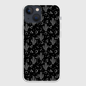 Чехол для iPhone 13 mini с принтом Черно белые кактусы в Санкт-Петербурге,  |  | лето | мексиканский | монохромный | пляжный | популярный узор | пустыня | современный | цветы кактуса | черно белый