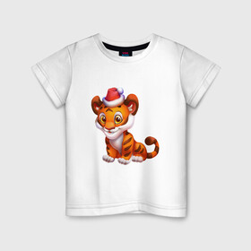 Детская футболка хлопок с принтом Тигр в Санкт-Петербурге, 100% хлопок | круглый вырез горловины, полуприлегающий силуэт, длина до линии бедер | 2022 | дед мороз | новый год | рождество | санта клаус | символ года | тигр | тигренок