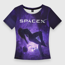 Женская футболка 3D Slim с принтом Space X Girl in zero gravity в Санкт-Петербурге,  |  | american company | astronaut | emblem | girl | in zero gravity | logo | planets | space | space x | suborbital flights | американская компания | астронавт | в невесомости | девушка | космос | логотип | осколки | планеты | суборбитальные пол