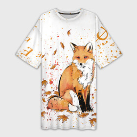 Платье-футболка 3D с принтом ЛИСА В ЛИСТЬЯХ  ОСЕННЕЕ НАСТРОЕНИЕ  FOX IN THE FOREST в Санкт-Петербурге,  |  | autumn | forest | fox | животные | звери | лес | лиса | листья | музыка | ноты | осень | песни | природа
