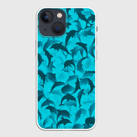 Чехол для iPhone 13 mini с принтом Синий камуфляж с дельфинами в Санкт-Петербурге,  |  | дельфин | дельфины | море | морской | океан | паттерн | рыба
