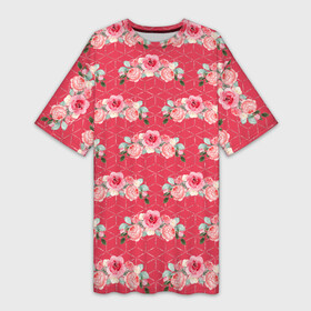 Платье-футболка 3D с принтом Красные розы паттерн в Санкт-Петербурге,  |  | rose | паттерн | розочки | розы | цветки | цветочки | цветы