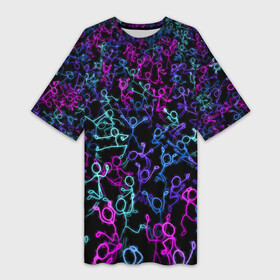 Платье-футболка 3D с принтом Neon Rave Party в Санкт-Петербурге,  |  | disco | rave | дискотека | неоновый | рейв | танцы | человечки