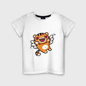 Детская футболка хлопок с принтом влюбленный тигренок в Санкт-Петербурге, 100% хлопок | круглый вырез горловины, полуприлегающий силуэт, длина до линии бедер | 2022 | год тигра | новый год | новый год 2022 | символ года | тигр | тигренок | тигрица | тигры