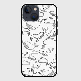 Чехол для iPhone 13 mini с принтом Небесные киты (ЧБ) в Санкт-Петербурге,  |  | whale | детское | киты | летающие киты | небо | облака