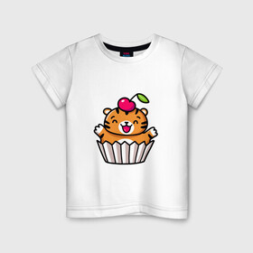 Детская футболка хлопок с принтом Тигренок   пирожное в Санкт-Петербурге, 100% хлопок | круглый вырез горловины, полуприлегающий силуэт, длина до линии бедер | 2022 | год тигра | новый год | новый год 2022 | символ года | тигр | тигренок | тигрица | тигры