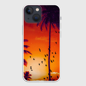 Чехол для iPhone 13 mini с принтом РАЙСКОЕ НАСЛАЖДЕНИЕ в Санкт-Петербурге,  |  | закат | лето | лучи | небо | отдых | пальмы | пляж | птицы | солнце