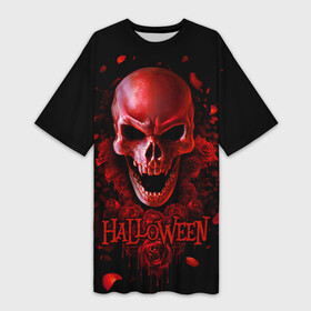 Платье-футболка 3D с принтом Красный череп в кровавых розах в Санкт-Петербурге,  |  | bloody | drops | fangs | happy halloween | look from hell | red | roses | skull | vampire | вампир | взгляд из ада | капли | клыки | красный | кровавые | праздник | розы | хэллоуин | череп