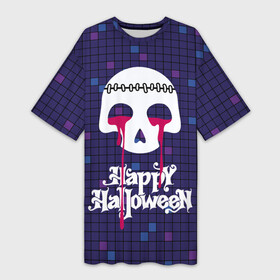 Платье-футболка 3D с принтом Кровавые слёзы зомби в Санкт-Петербурге,  |  | blood | bloody tears | flowing | happy halloween | sewn up | skull | zombie | зашитый | зомби | кровавые слезы | кровь | праздник | течет | хэллоуин | череп
