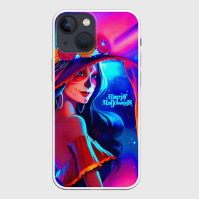 Чехол для iPhone 13 mini с принтом Неоновая ведьма в Санкт-Петербурге,  |  | big hat | bright colors | day of the dead | flowers | girl | happy halloween | neon light | skull makeup | witch | большая шляпа | ведьма | девушка | день мертвых | макияж череп | неоновый свет | праздник | хэллоуин | цветы | яркие краски