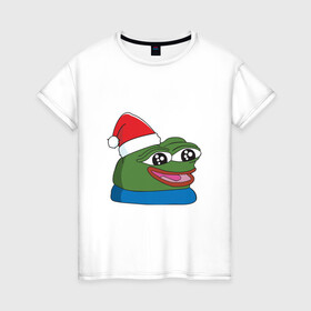 Женская футболка хлопок с принтом Pepe, pepe happy, Пепе хеппи, pepe happy new year в Санкт-Петербурге, 100% хлопок | прямой крой, круглый вырез горловины, длина до линии бедер, слегка спущенное плечо | frog pepe | happy | happy new year | mem | meme | peepo | pepe | pepe happy | pepe happy new year | лягушка пепе | лягушонок | лягушонок пепе | пепе хеппи | хеппи