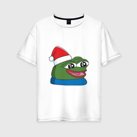 Женская футболка хлопок Oversize с принтом Pepe, pepe happy, Пепе хеппи, pepe happy new year в Санкт-Петербурге, 100% хлопок | свободный крой, круглый ворот, спущенный рукав, длина до линии бедер
 | frog pepe | happy | happy new year | mem | meme | peepo | pepe | pepe happy | pepe happy new year | лягушка пепе | лягушонок | лягушонок пепе | пепе хеппи | хеппи