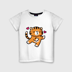 Детская футболка хлопок с принтом влюбленный тигр в Санкт-Петербурге, 100% хлопок | круглый вырез горловины, полуприлегающий силуэт, длина до линии бедер | Тематика изображения на принте: 2022 | год тигра | новый год | новый год 2022 | символ года | тигр | тигренок | тигрица | тигры