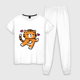 Женская пижама хлопок с принтом влюбленный тигр в Санкт-Петербурге, 100% хлопок | брюки и футболка прямого кроя, без карманов, на брюках мягкая резинка на поясе и по низу штанин | 2022 | год тигра | новый год | новый год 2022 | символ года | тигр | тигренок | тигрица | тигры
